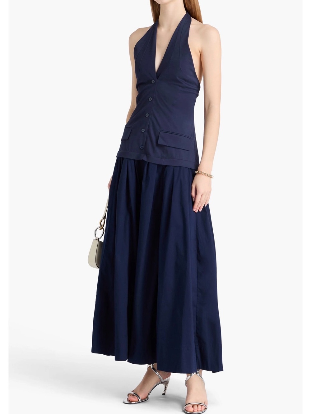 STAUD Navy Harrington Halter Maxi Dress